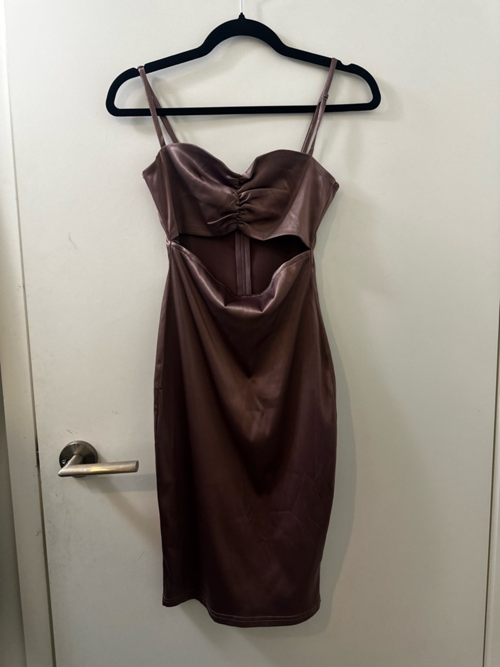 Fashion Nova Brown Satin Ruched Cutout Midi Dress